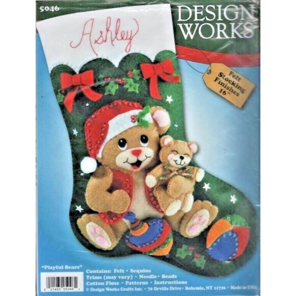Design Works Christmas Playful Bears 16" Felt Sequin Stocking Kit 5046 New USA - Picture 5 of 5